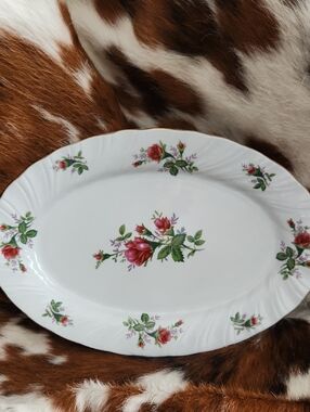 White Floral Porcelain Serving Platter with Pink Rose Motif